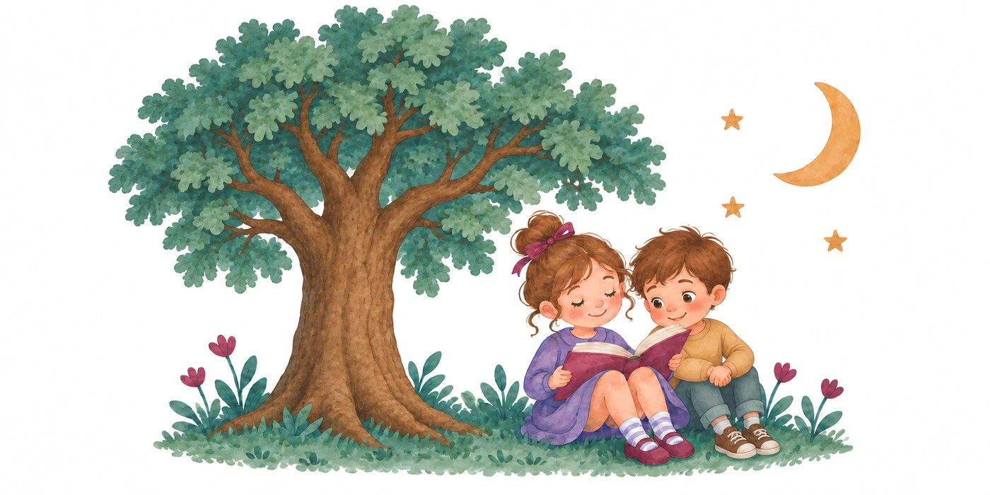 Dos niños sentados en la hierba, muy juntos, leen el mismo libro bajo un árbol grande. Es de noche: hay una luna en cuarto creciente y tres estrellas.