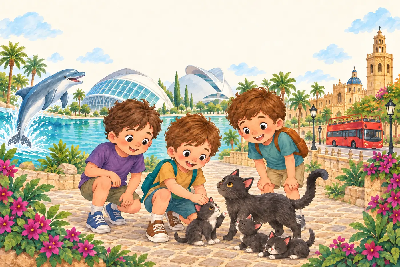 Tres niños agachados acarician a una gata negra y a sus gatitos en un paseo empedrado de Valencia. Detrás, un estanque con un delfín saltando, los edificios blancos de la Ciudad de las Artes y las Ciencias, palmeras, el campanario del Micalet y un autobús rojo de turistas.